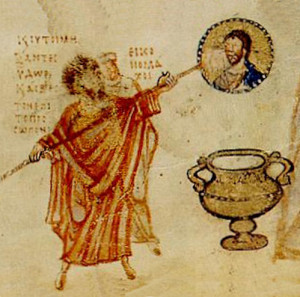 Іконоборці здирають образ Спасителя зі стіни храма, Chludov Psalter, 9th century