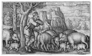 Блудний син серед свиней, гравюра, Hans Sebald Beham, 1538.