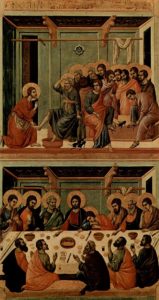 Омовіння ніг апостолів і Тайна Вечеря , from the Maesta by Duccio, 1308-1311